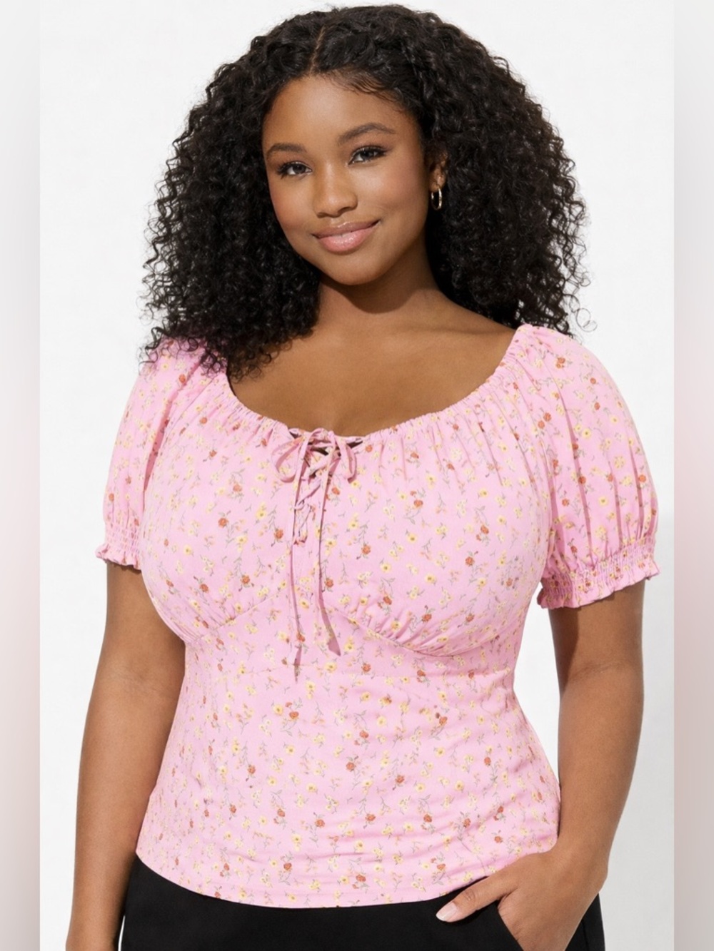 Torrid Challis Puff Sleeves Crop Top Ditsy Floral Pink 1X Feminine Romantic